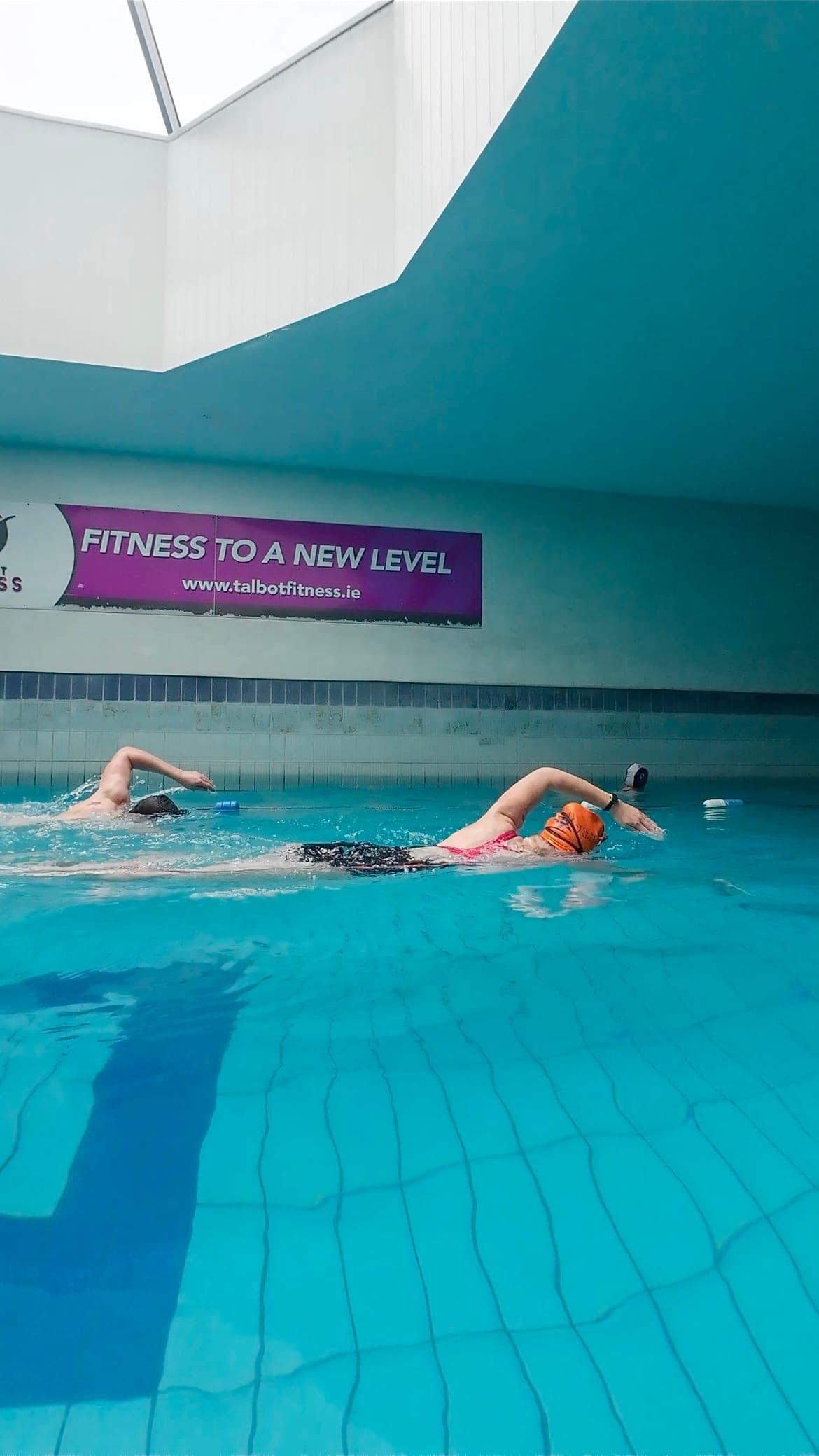 Two adults swimming front crawl in adjacent lanes at the Talbot Hotel pool